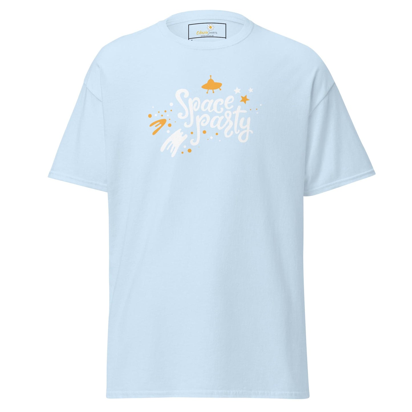Light blue T-shirt with space-themed graphic available in S to XL sizes