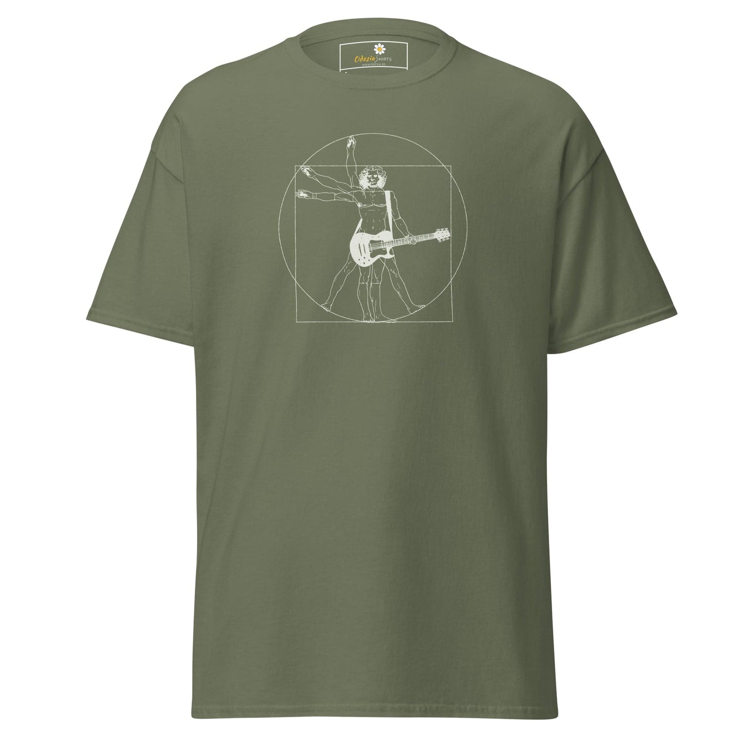 Olive green T-shirt featuring a Vitruvian Man guitar player graphic for men and women