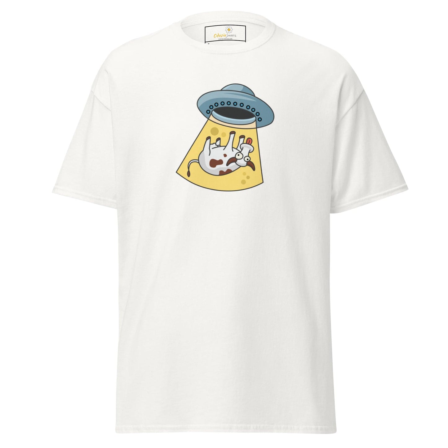 White T-shirt with alien abduction graphic from T-SHIRT DESIGN TEE for men and women