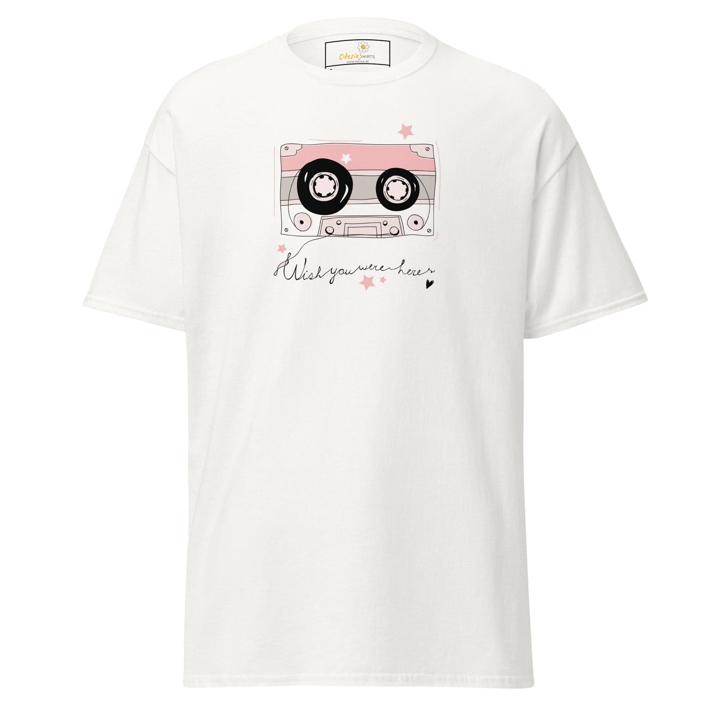 White T-shirt with cassette tape graphic for men and women in sizes S to XL