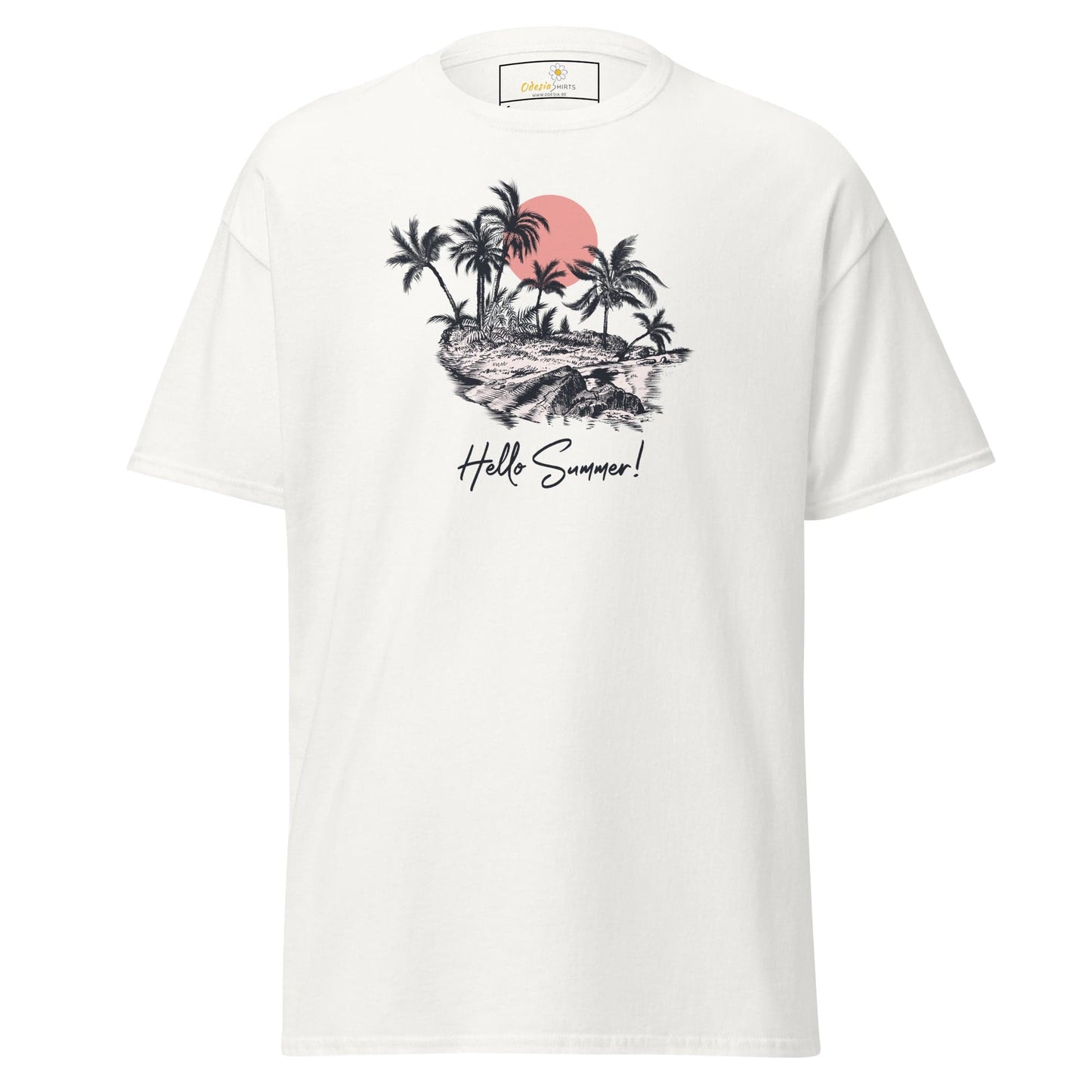 White T-shirt featuring a tropical island graphic for men and women available in S to XL