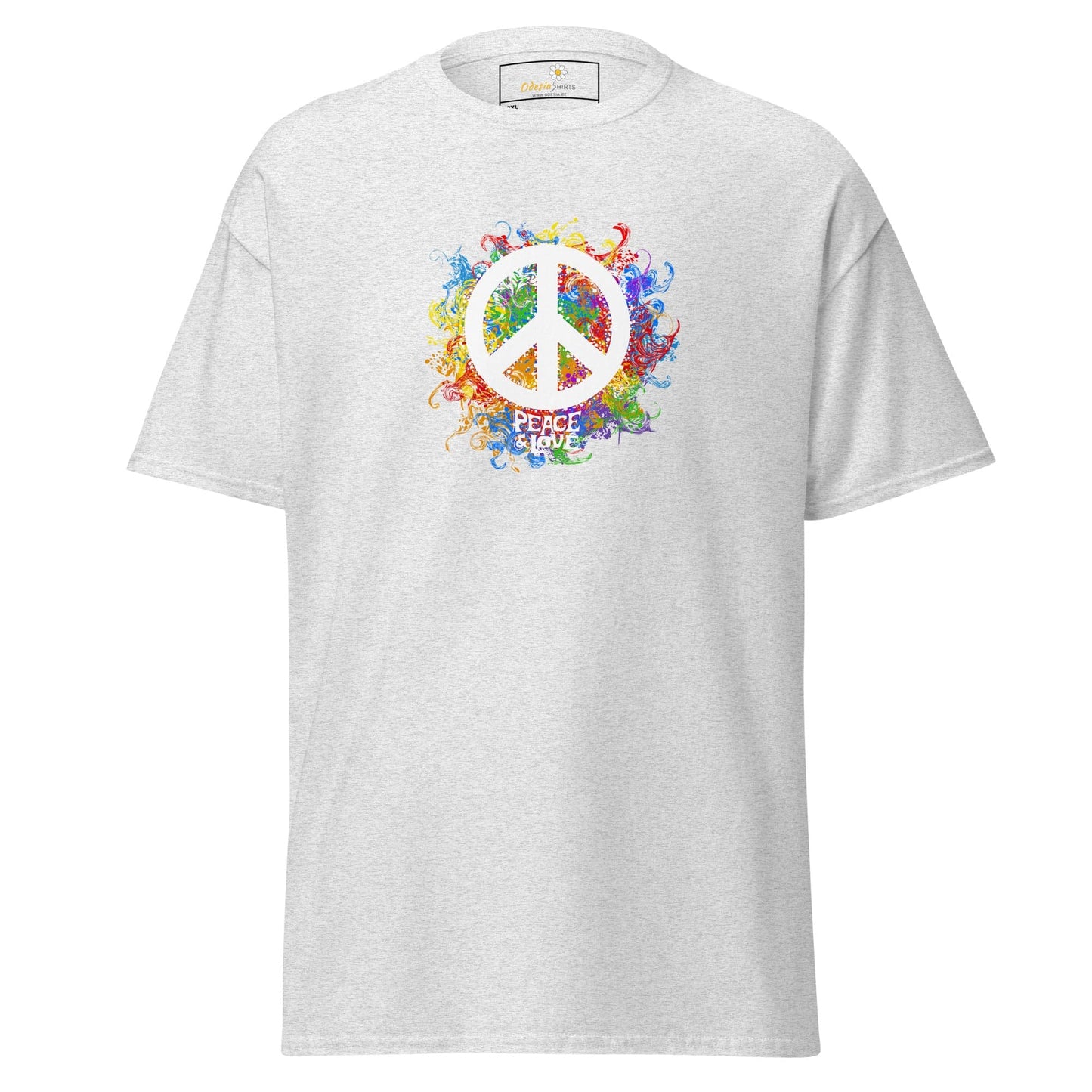White T-shirt featuring a peace symbol design for men and women in size 2XL to 5XL