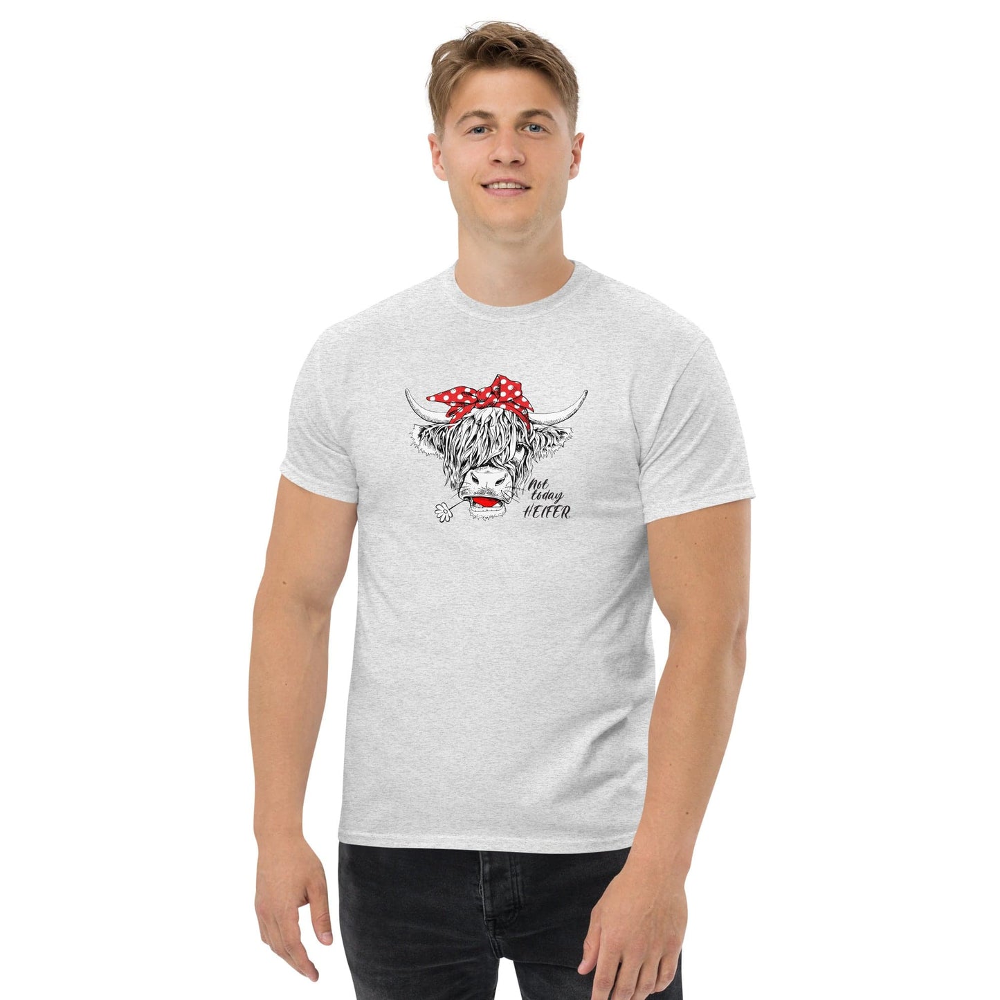 White t-shirt with cow graphic.
