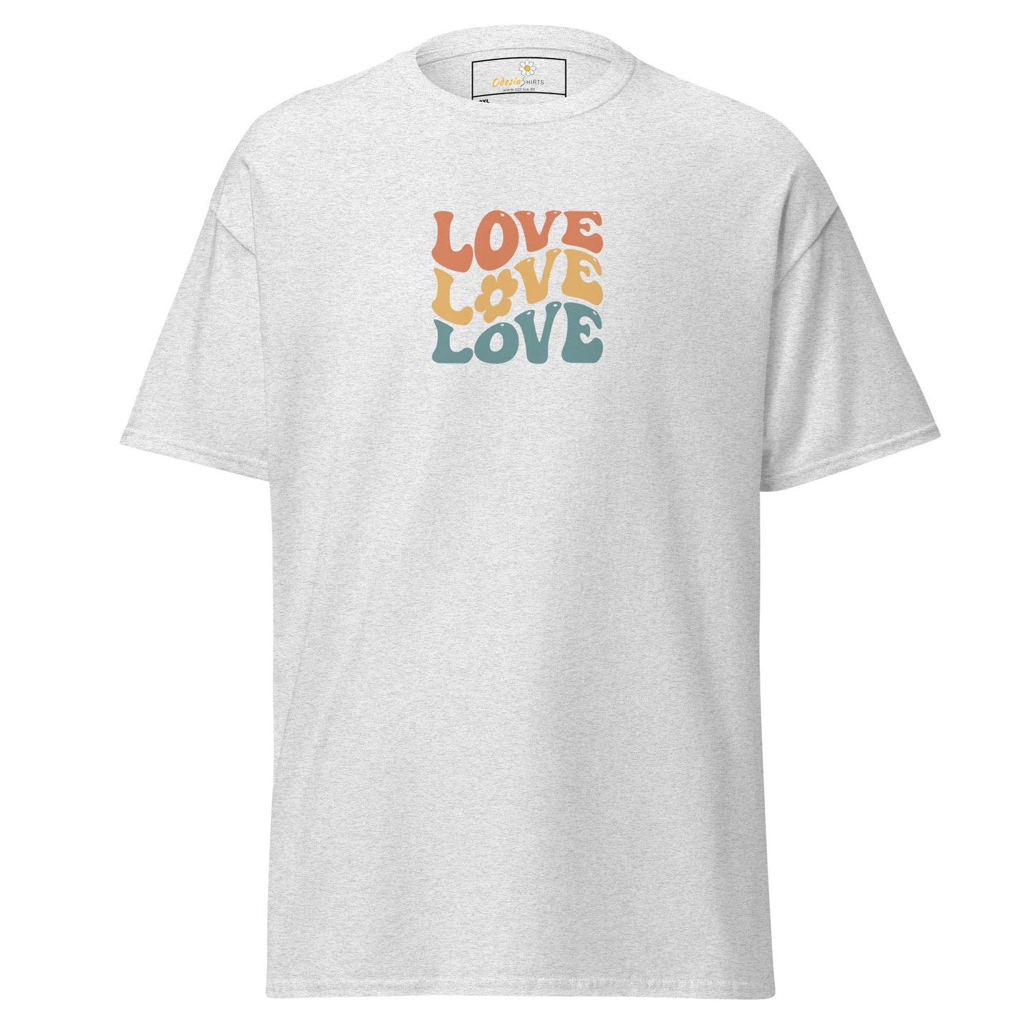 White t-shirt with ’love’ graphic.