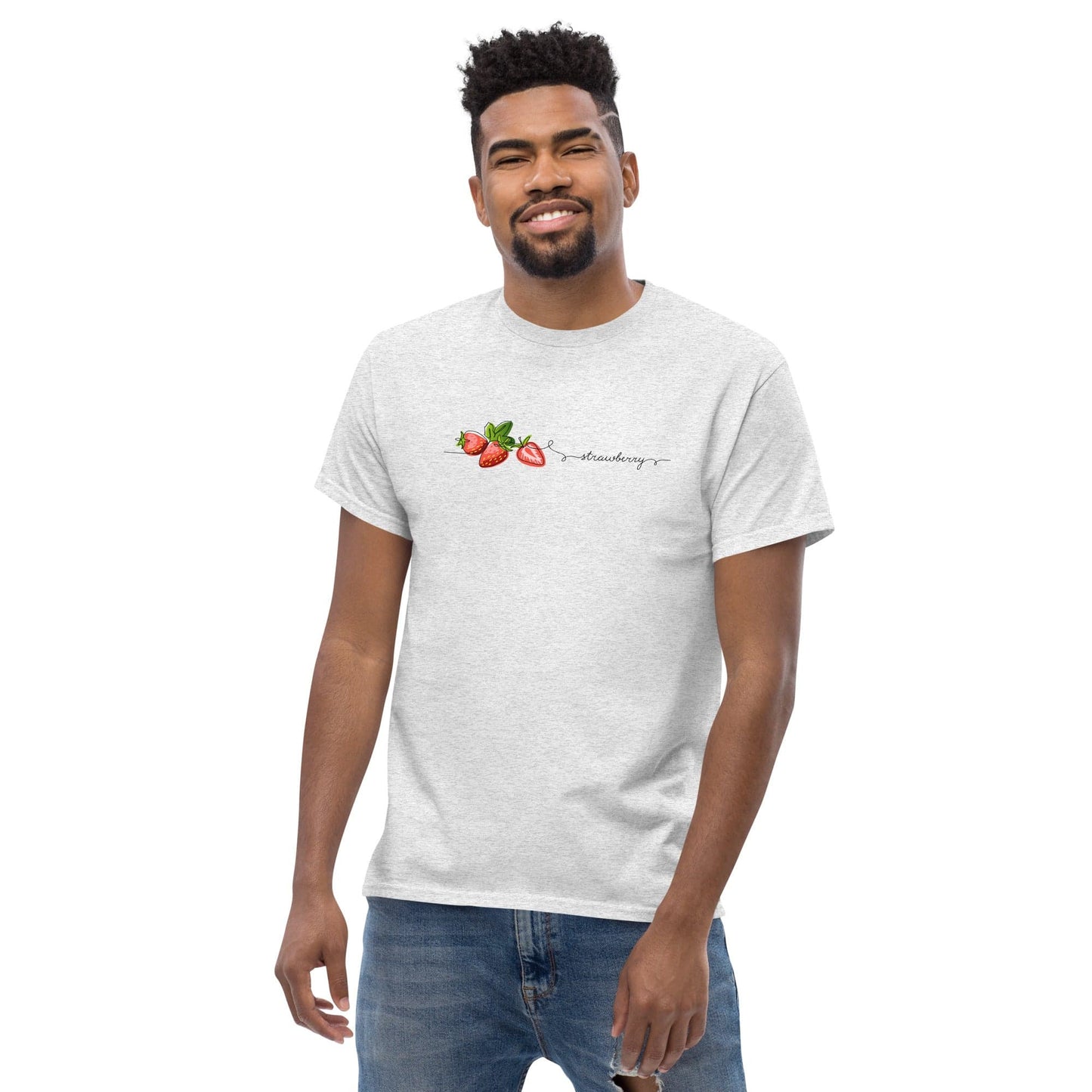 Man wearing a strawberry t-shirt.