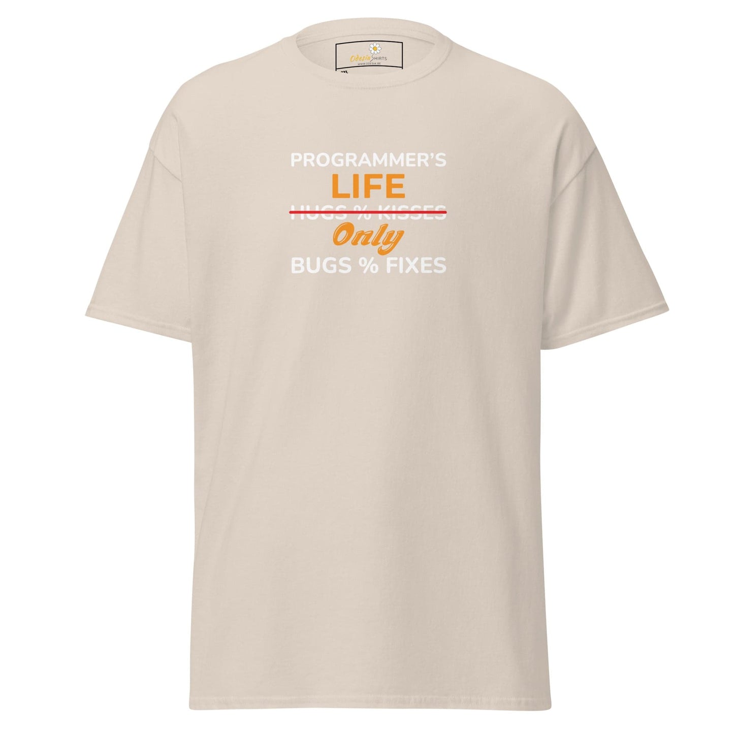 Beige t-shirt with programmer joke.