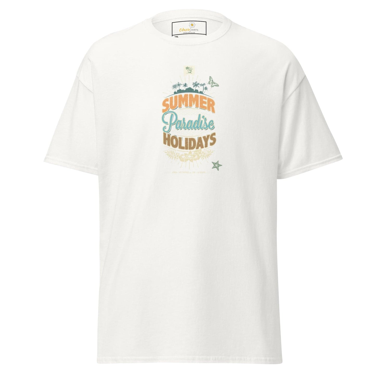 White t-shirt with summer-themed graphic.