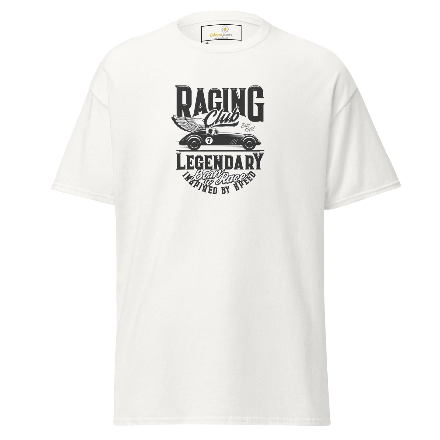 White t-shirt with racing car graphic.