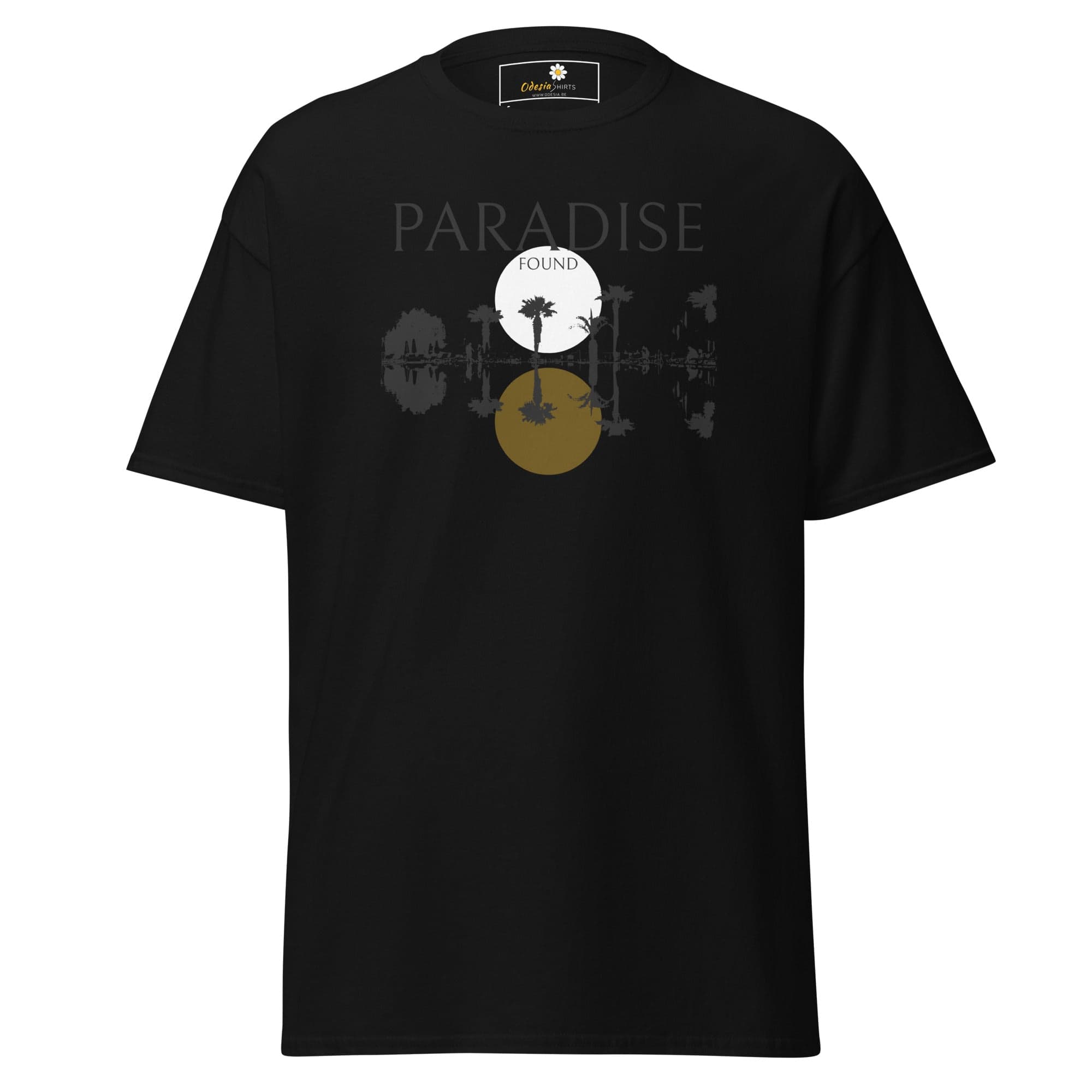 Black graphic T-shirt for men and women, available in sizes S to XL