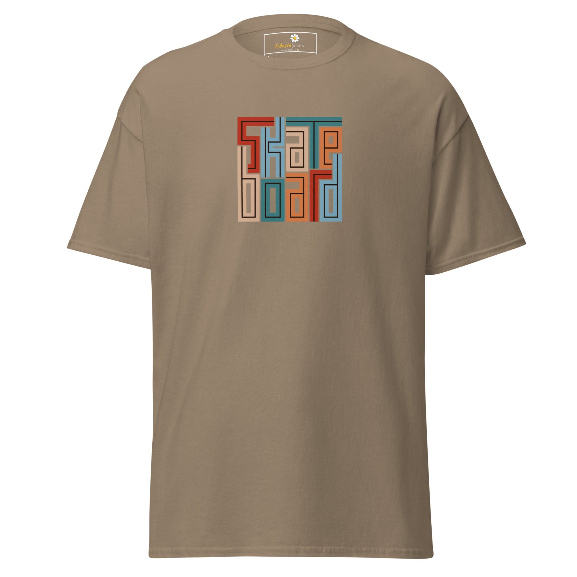 Khaki T-shirt with colorful block lettering displayed in T-SHIRT DESIGN TEE for men and women