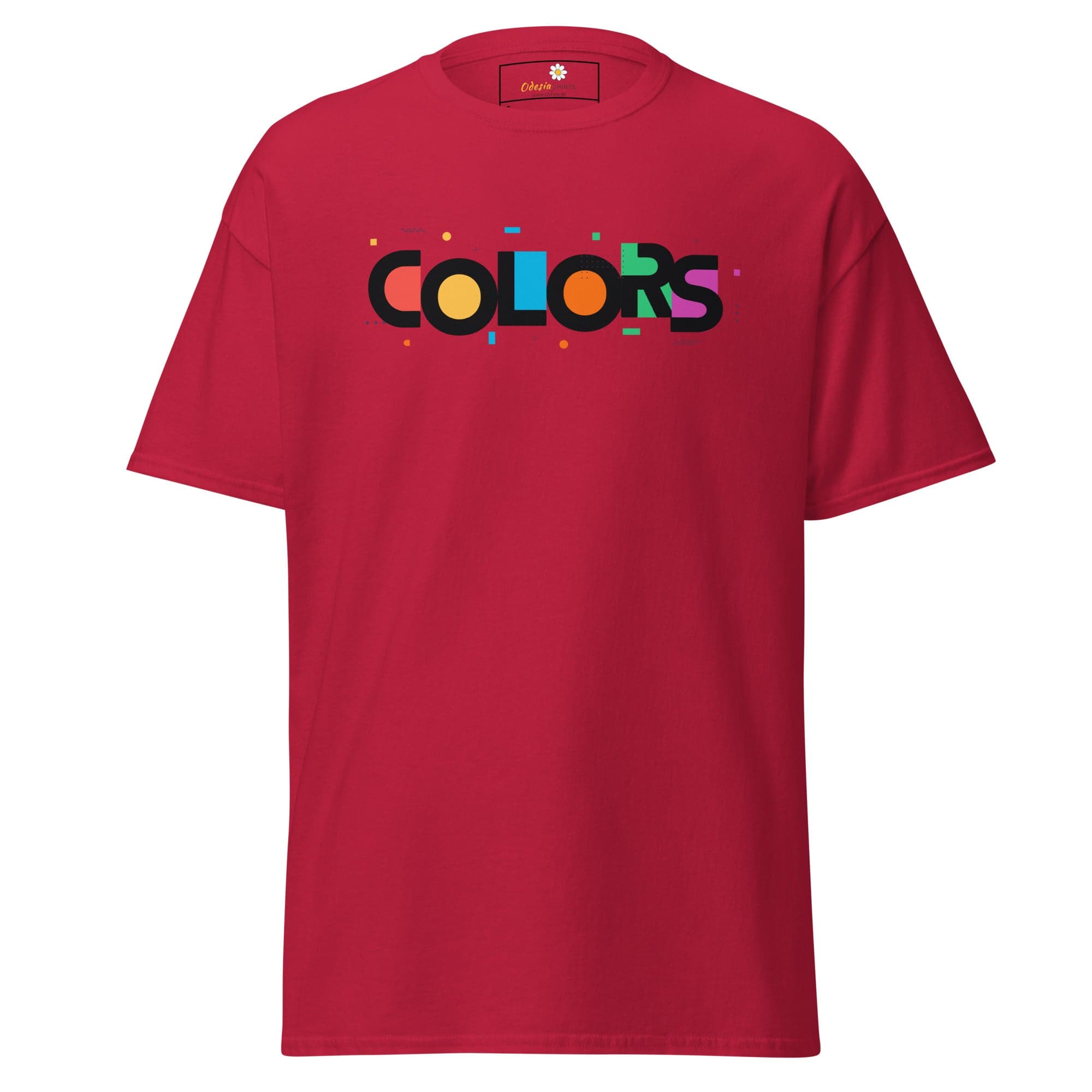Red T-shirt with COLORS graphic, suitable for Men and Women, available in sizes S to XL