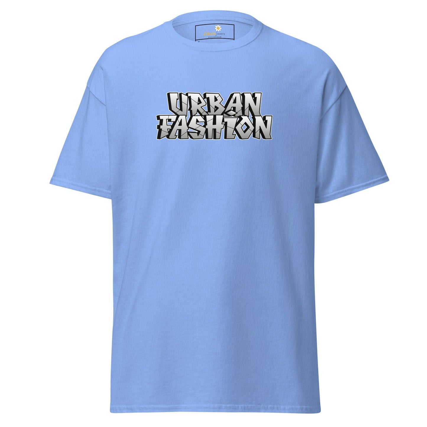 Light blue T-shirt with urban fashion text for men and women sizes S to XL