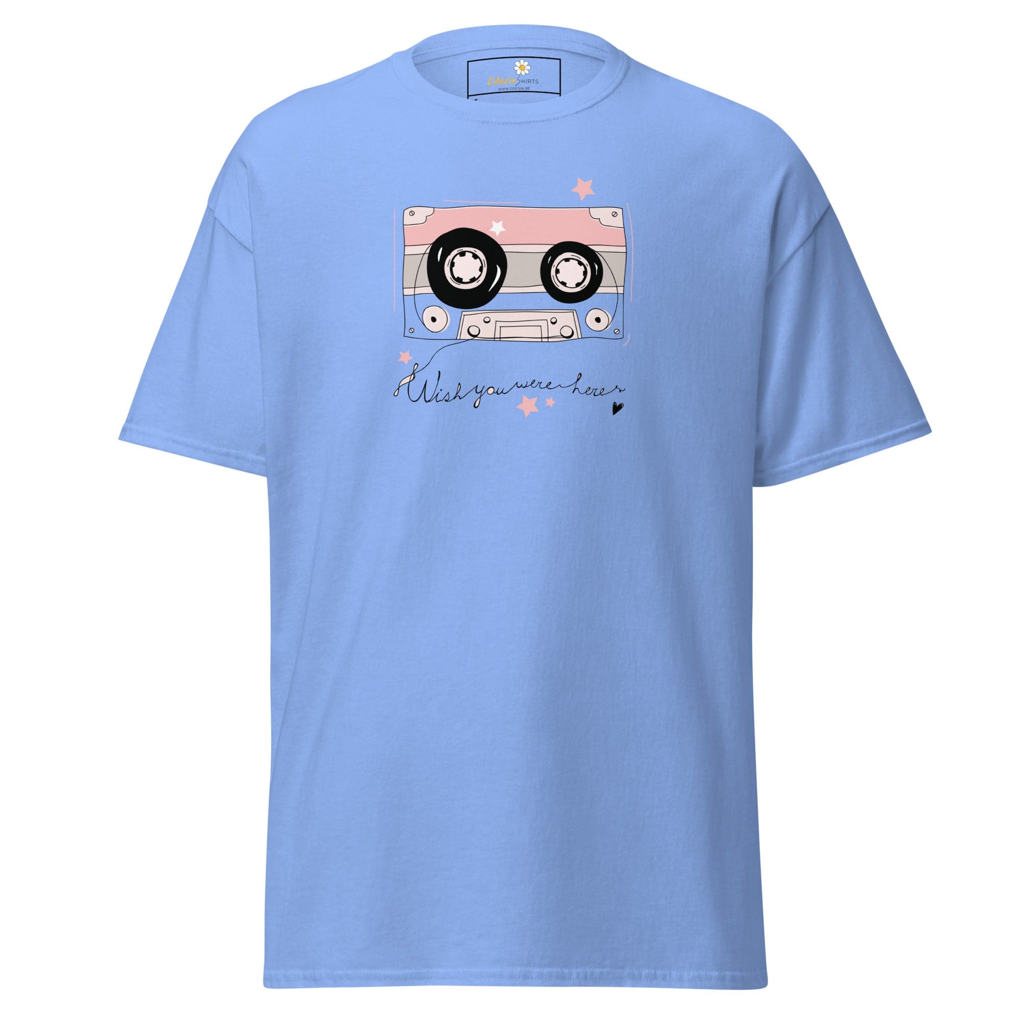 Light blue T-shirt with cassette tape design for men and women in sizes S to XL
