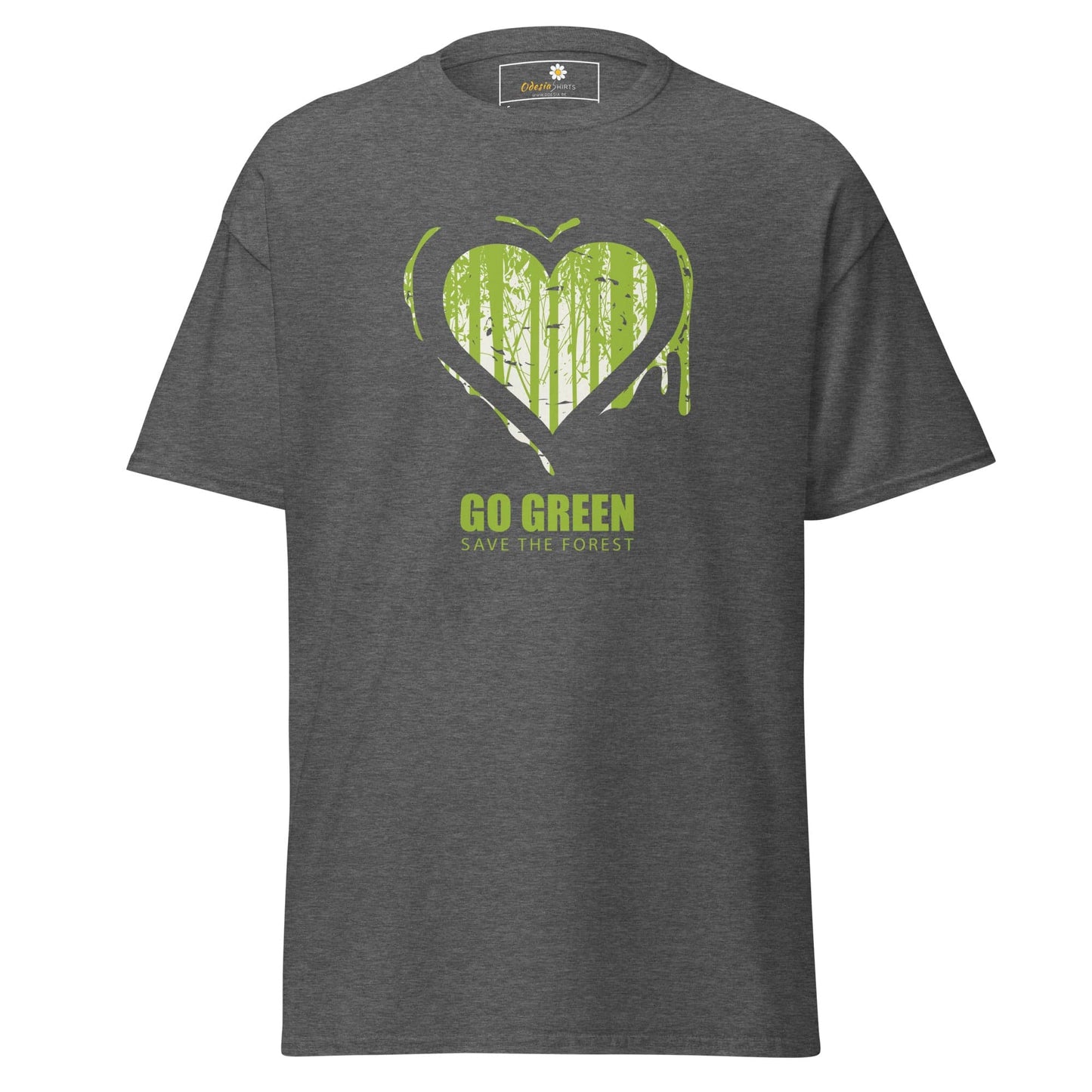 Gray T-shirt with green heart and forest design for men and women in sizes S to XL