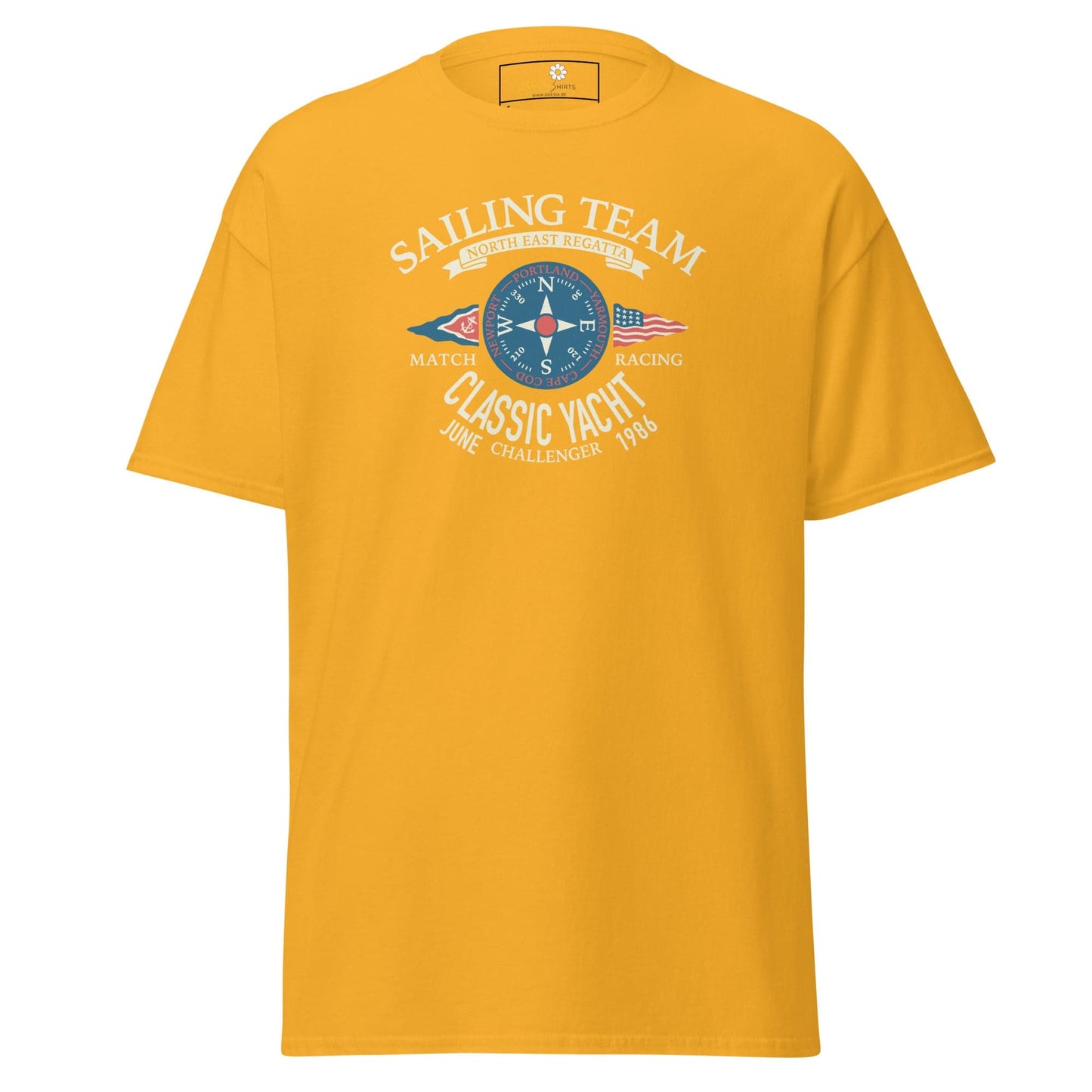 Mustard-colored T-shirt with sailing-themed graphic from T-SHIRT DESIGN TEE collection