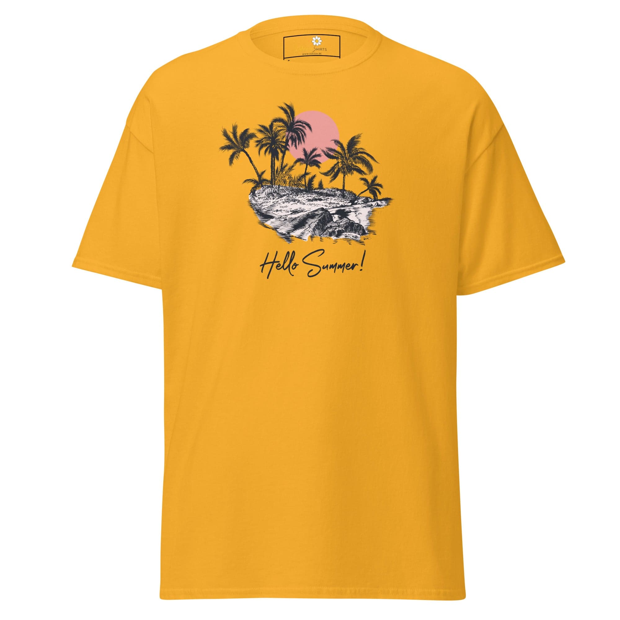 Yellow T-shirt with tropical island graphic for men and women in sizes S to XL