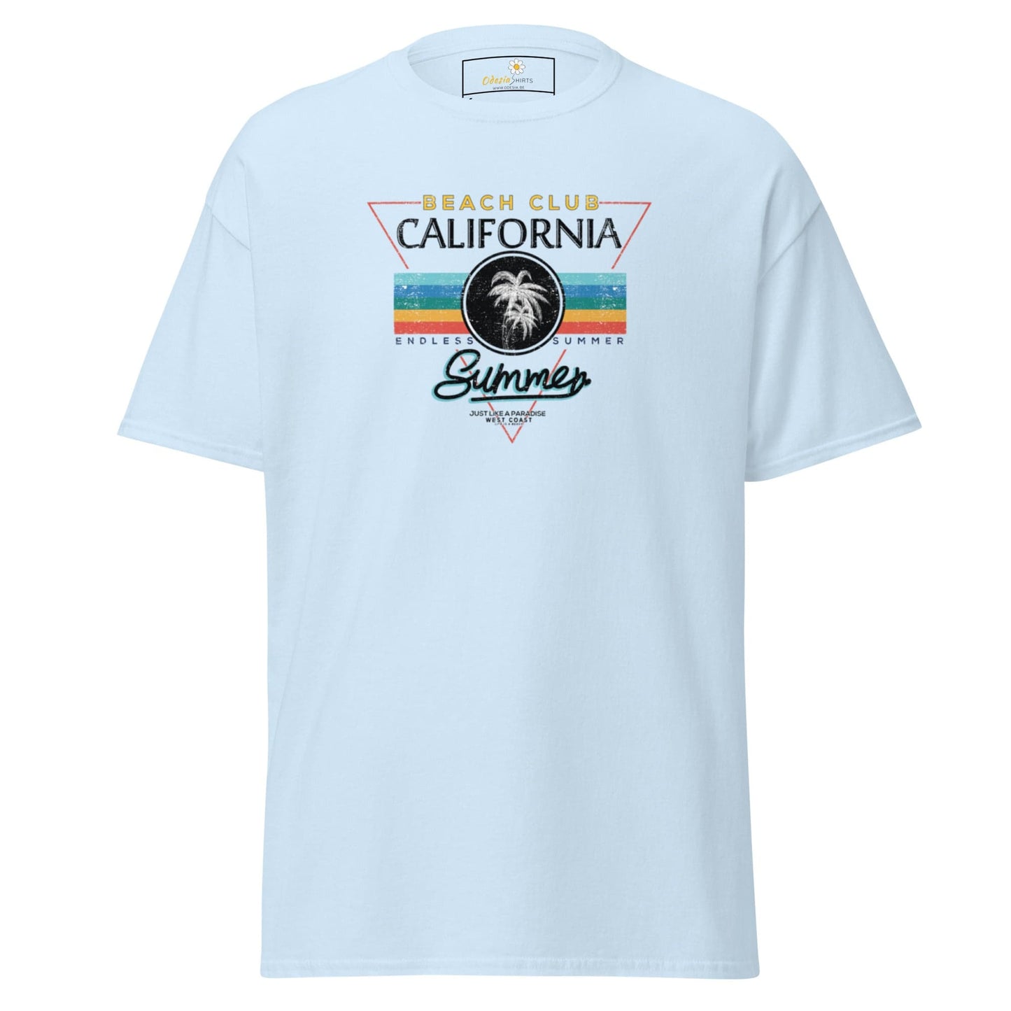 Light blue T-shirt with a beach club design for men and women in sizes S to XL