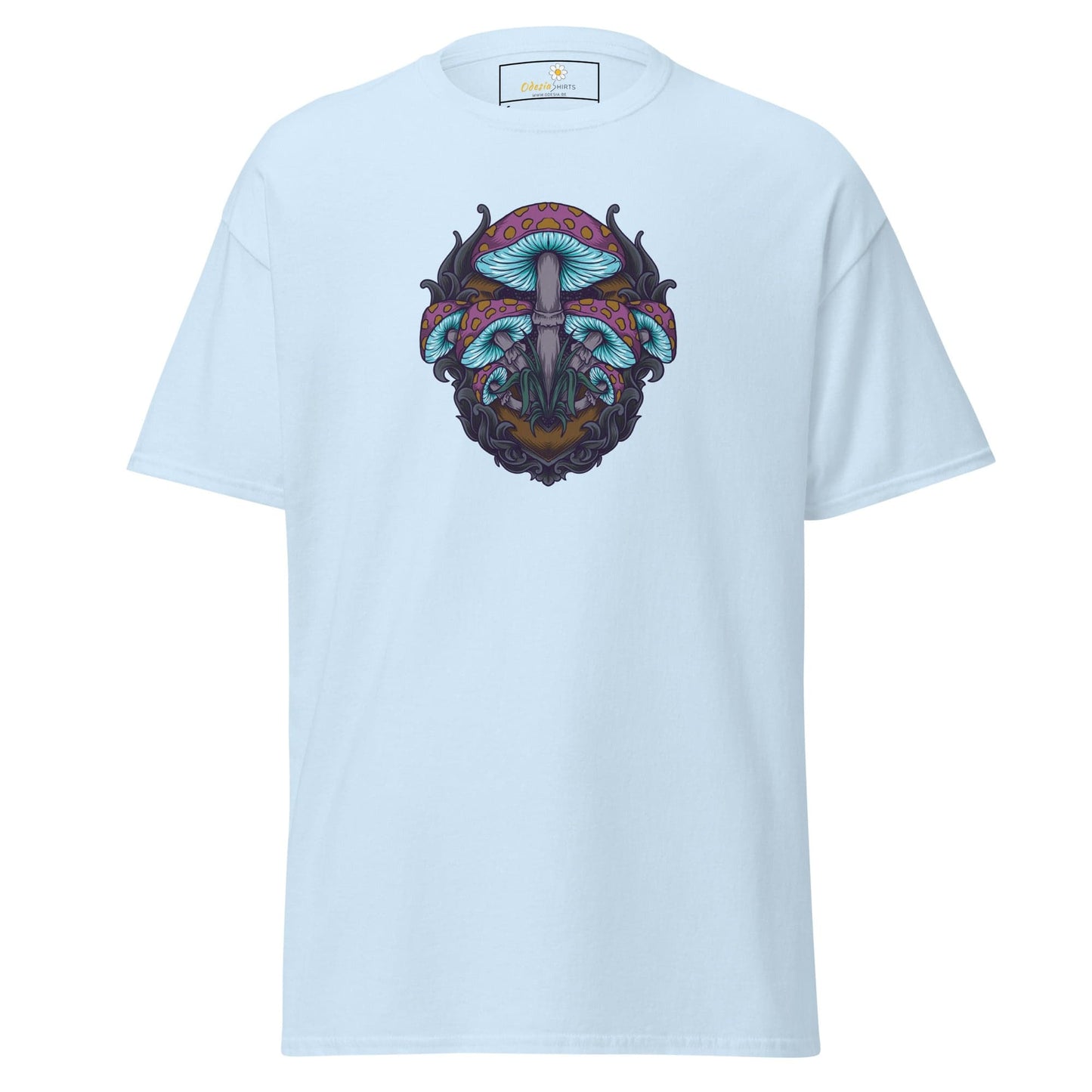 Light blue T-shirt with mushroom illustration in the T-SHIRT DESIGN TEE for men and women