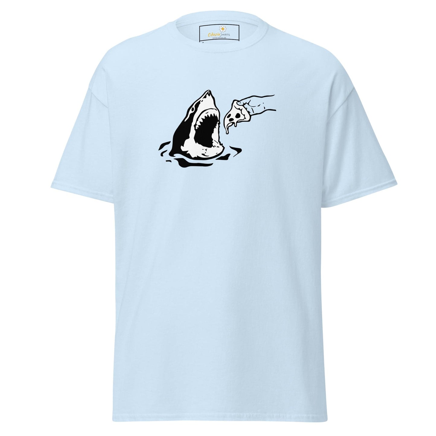 Light blue T-shirt featuring a shark and pizza graphic for Men and Women sizing S to XL