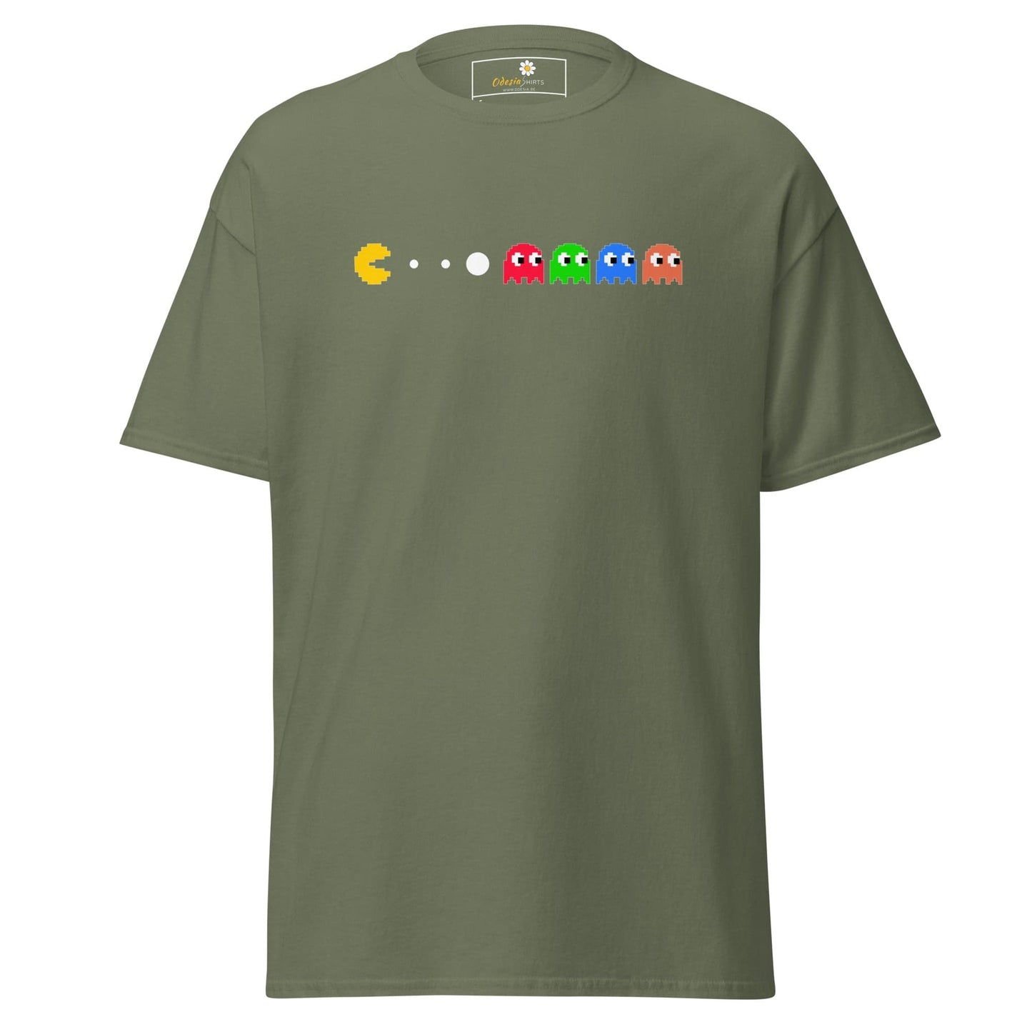 Olive green Pac-Man T-shirt displayed in men’s and women’s sizing from T-SHIRT DESIGN TEE collection