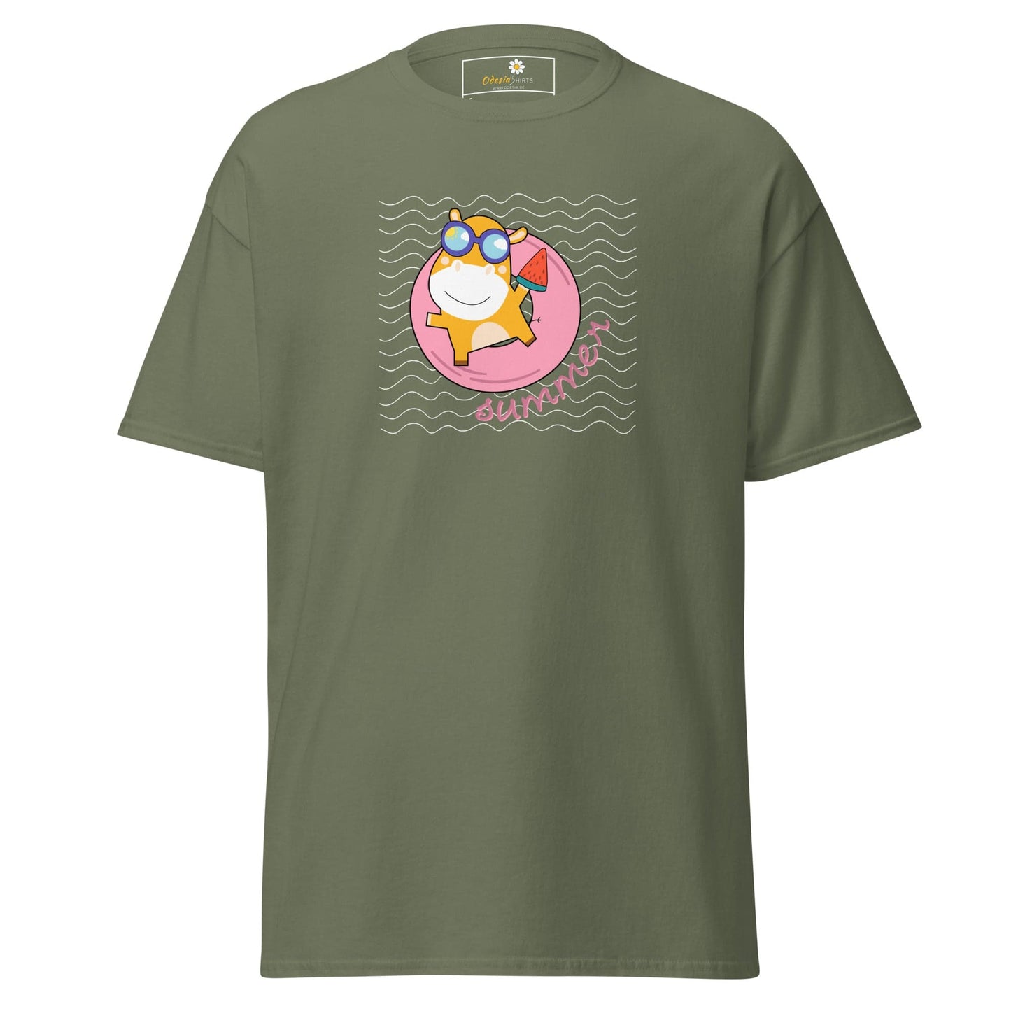 Olive green T-shirt featuring cartoon graphic for men and women in sizes S to XL