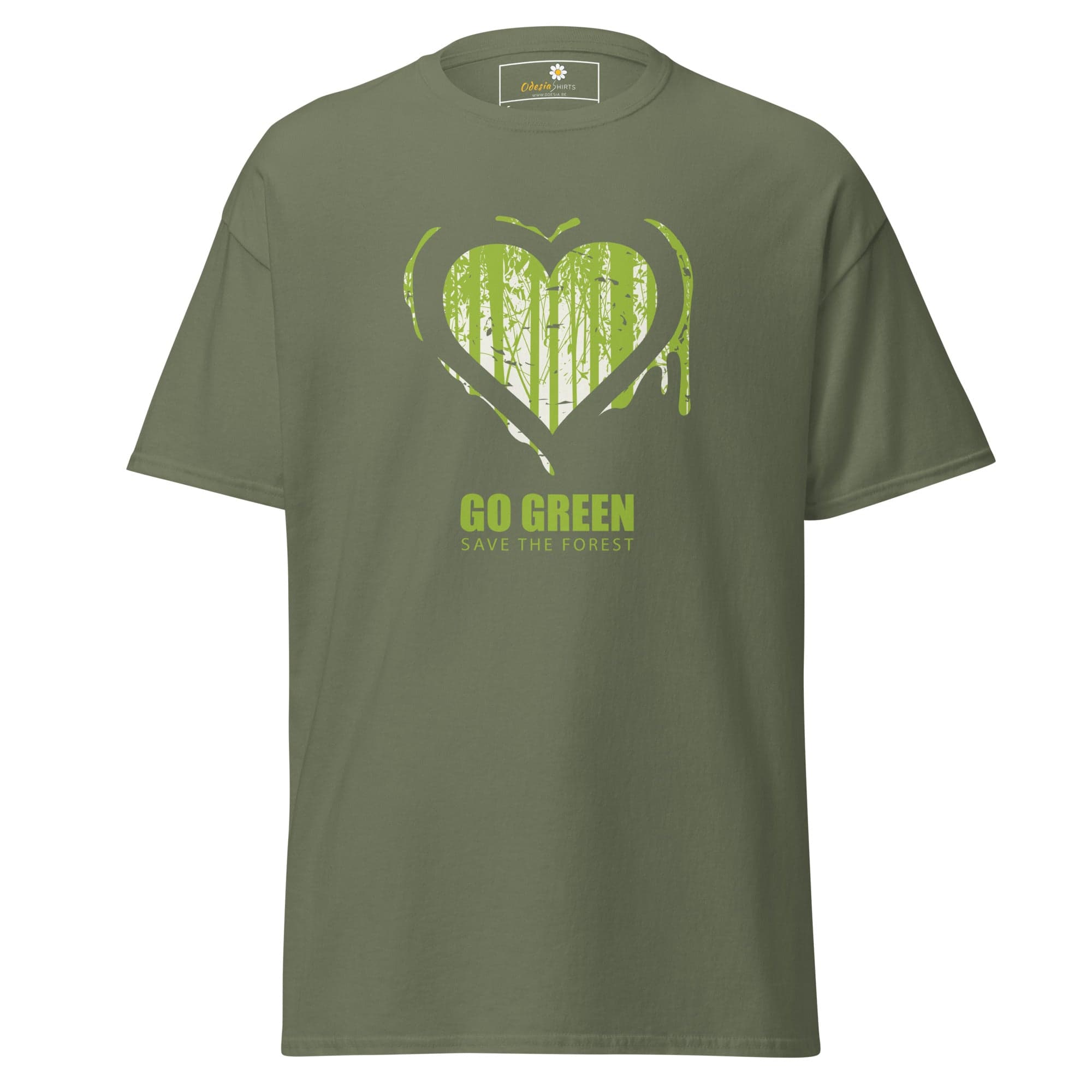 Olive green T-shirt with heart-shaped forest graphic for men and women in sizes S to XL