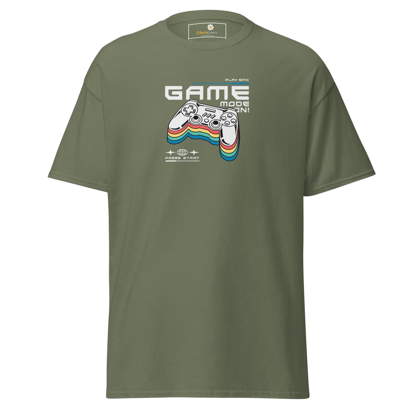 Olive green T-shirt with gaming controller graphic, suitable for men and women sizes S to XL