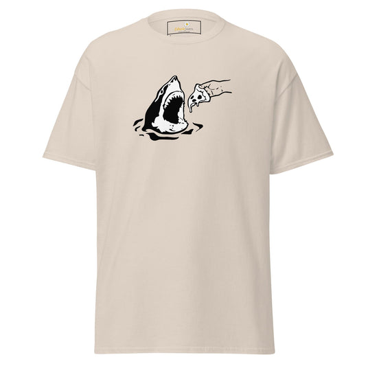 Beige t-shirt with shark and pizza graphic for men and women available in sizes S to XL