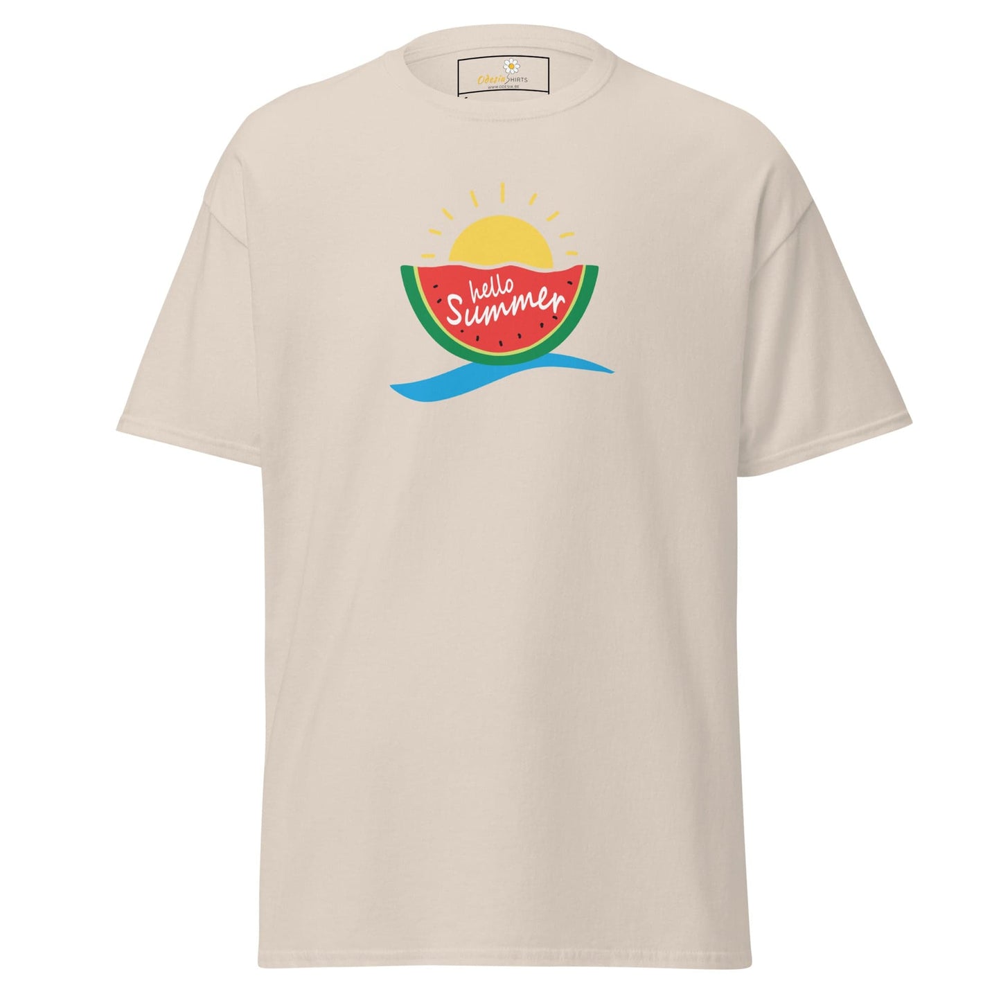 Beige T-shirt with summer graphic for men and women available in sizes S to XL