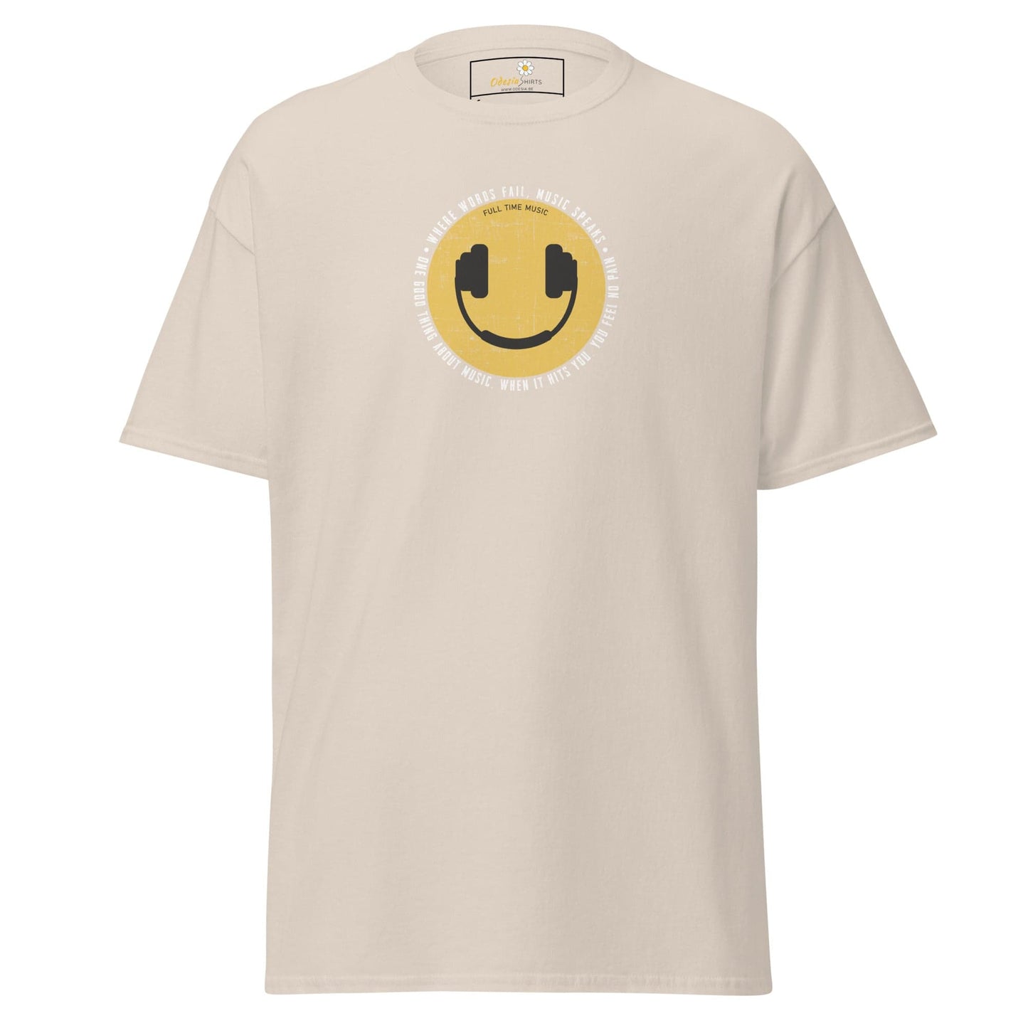Beige T-shirt with smiley face casual unisex design available in sizes S to XL