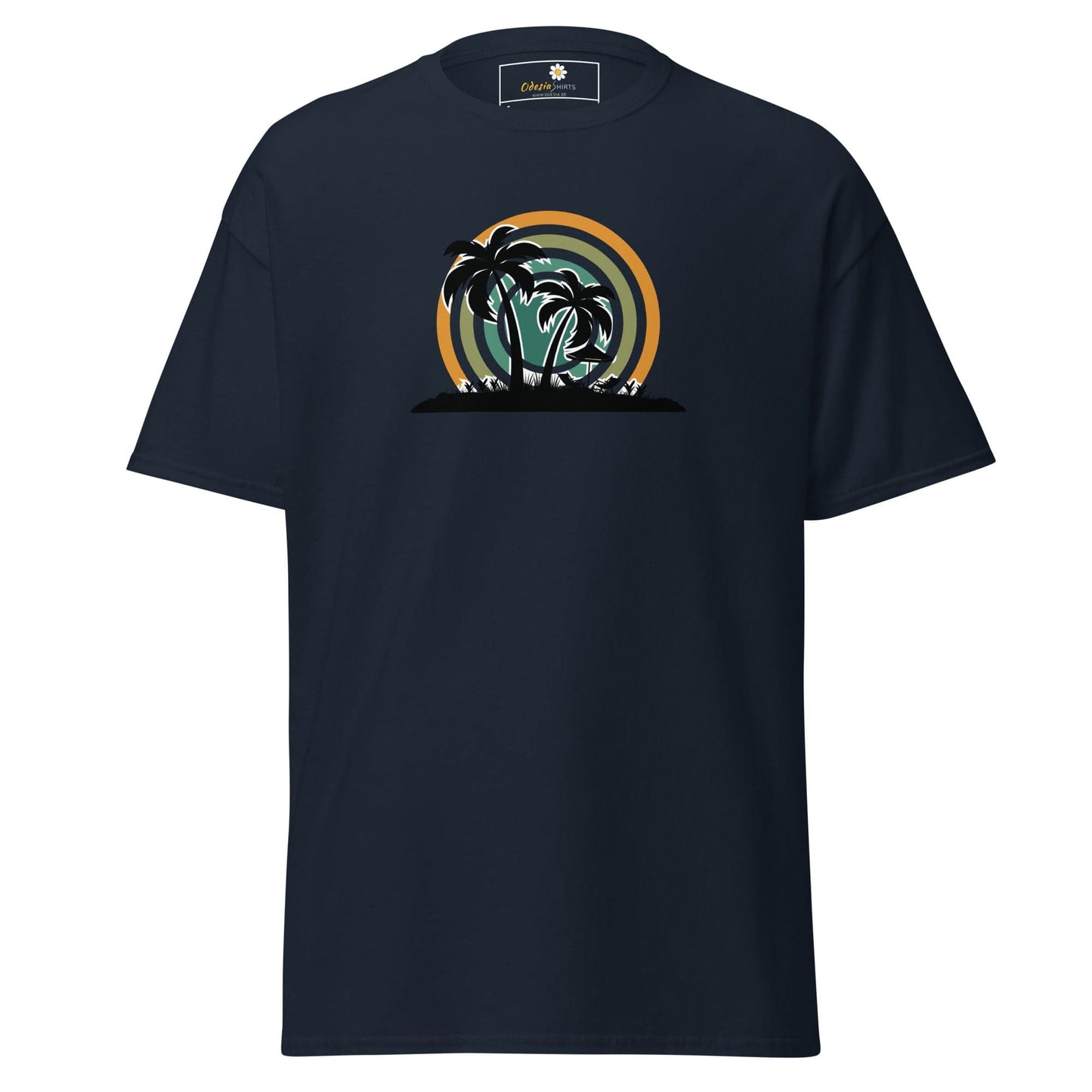 Navy blue T-shirt with palm tree graphic for men and women in size S to XL