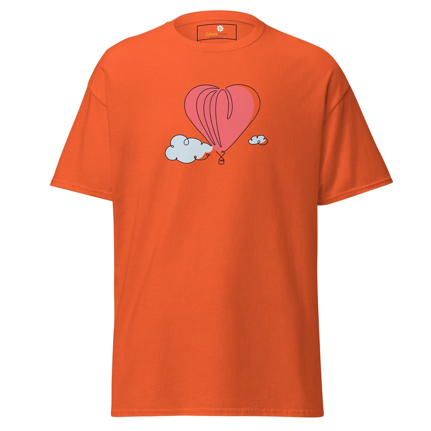 Orange T-shirt with heart-shaped hot air balloon design for men and women in S to XL sizes