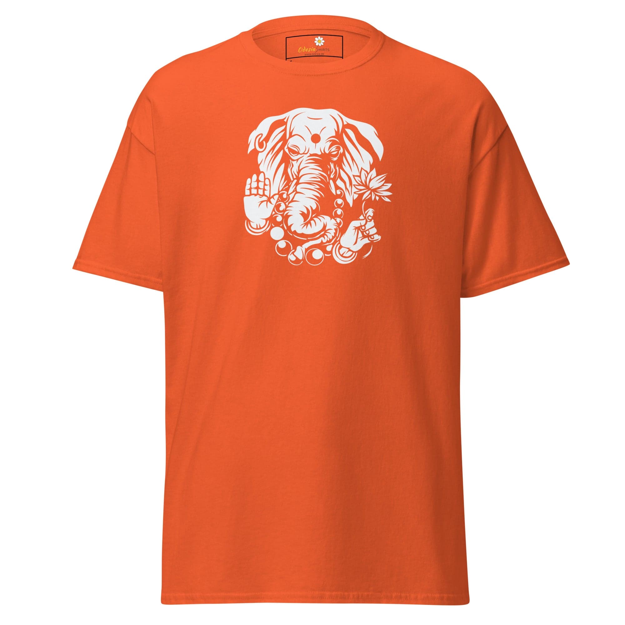 Orange T-shirt with Ganesha graphic for men and women in S to XL sizes
