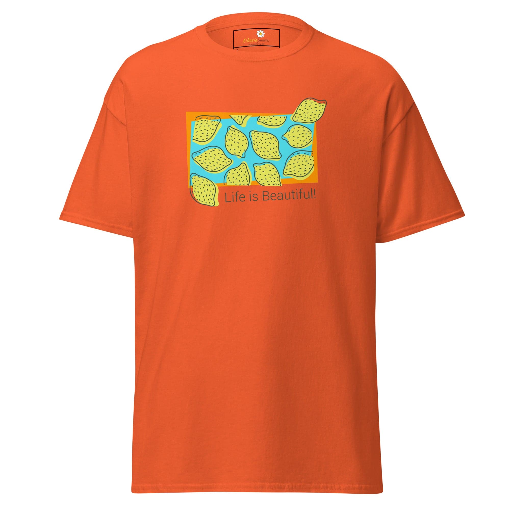 Orange T-shirt with lemon graphic from T-SHIRT DESIGN TEE for Man and Woman, available in sizes S to XL