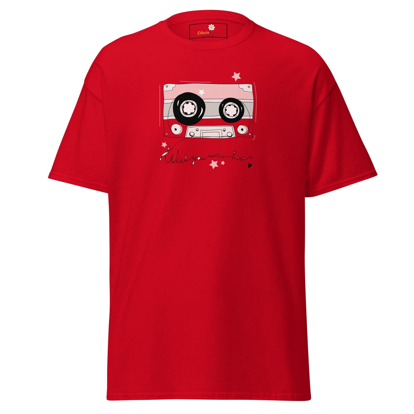 Red T-shirt with cassette tape graphic, available in Man and Woman sizes S to XL