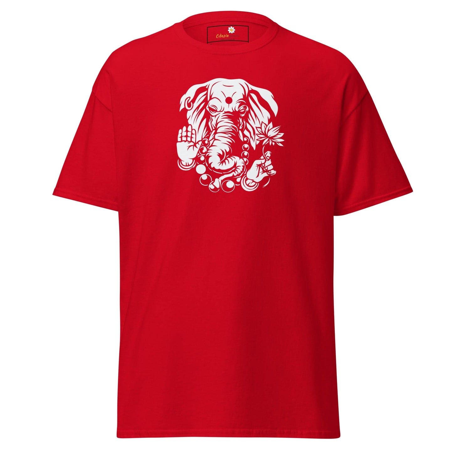 Red T-shirt with white Ganesha graphic for men and women in S to XL sizes