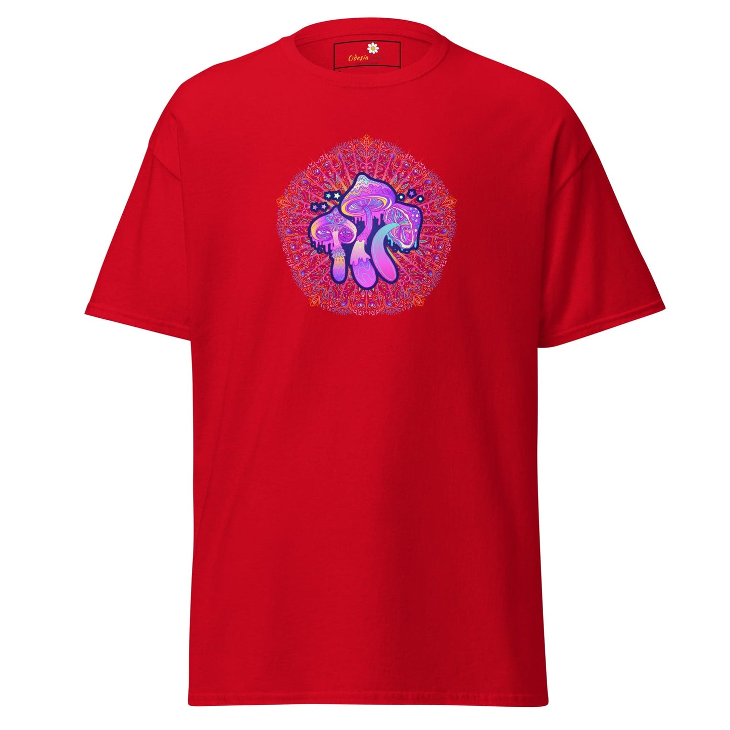 Red T-Shirt with Mushroom Mandala Design for Men and Women in Sizes S to XL