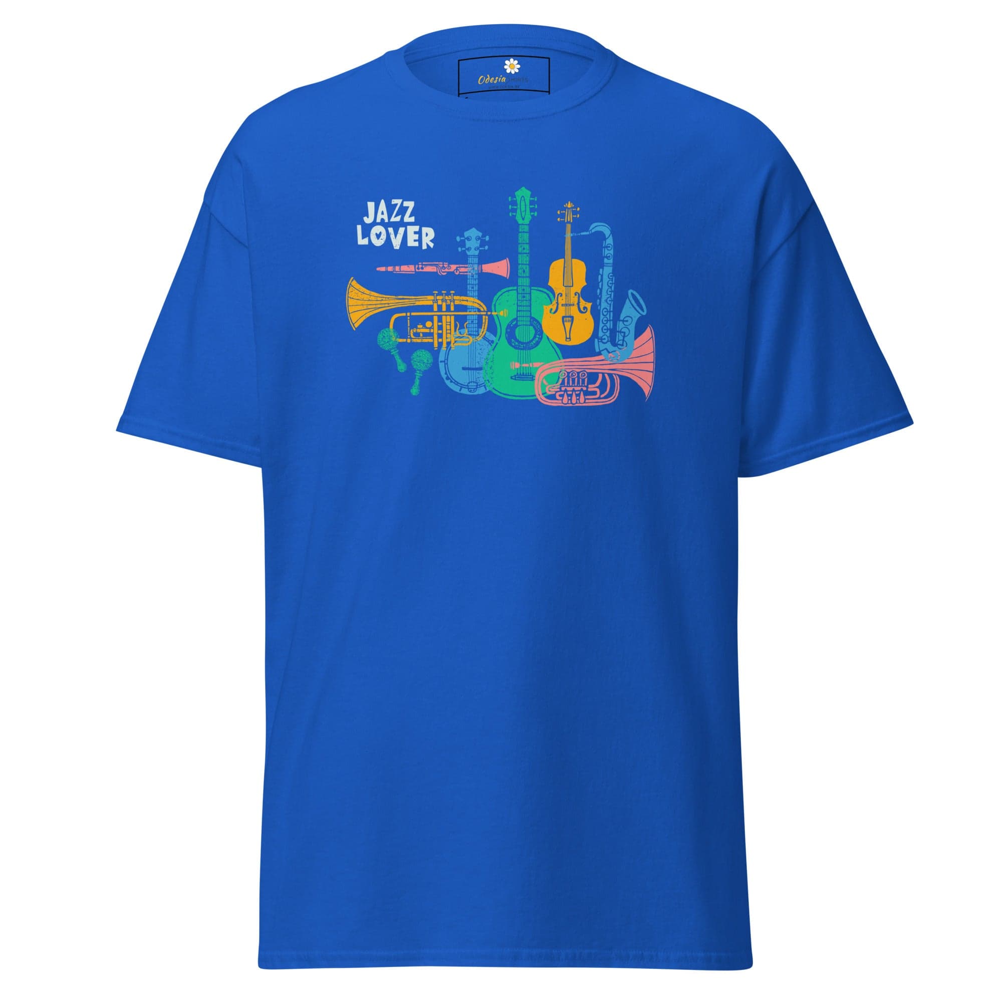 Blue T-shirt with jazz instrument graphic for men and women in size S to XL