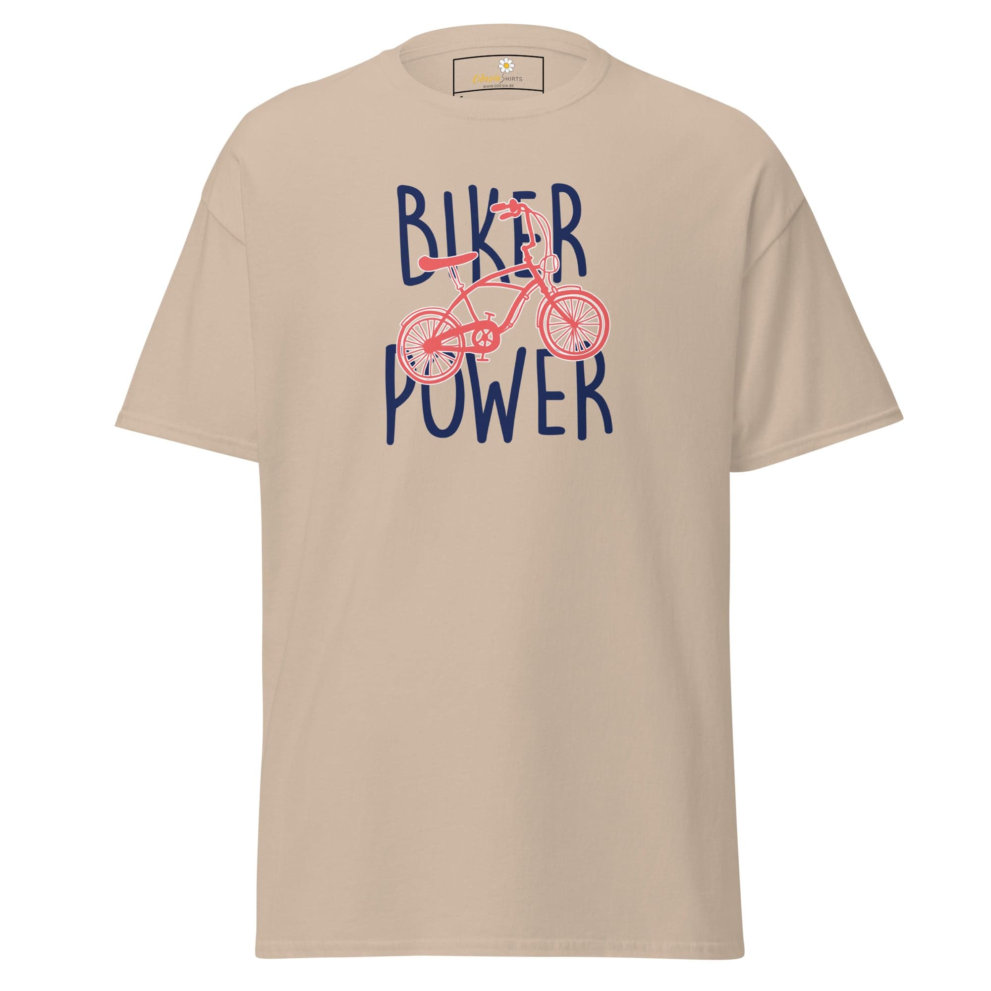Beige T-shirt with bicycle graphic, suitable for men and women, available in sizes S to XL