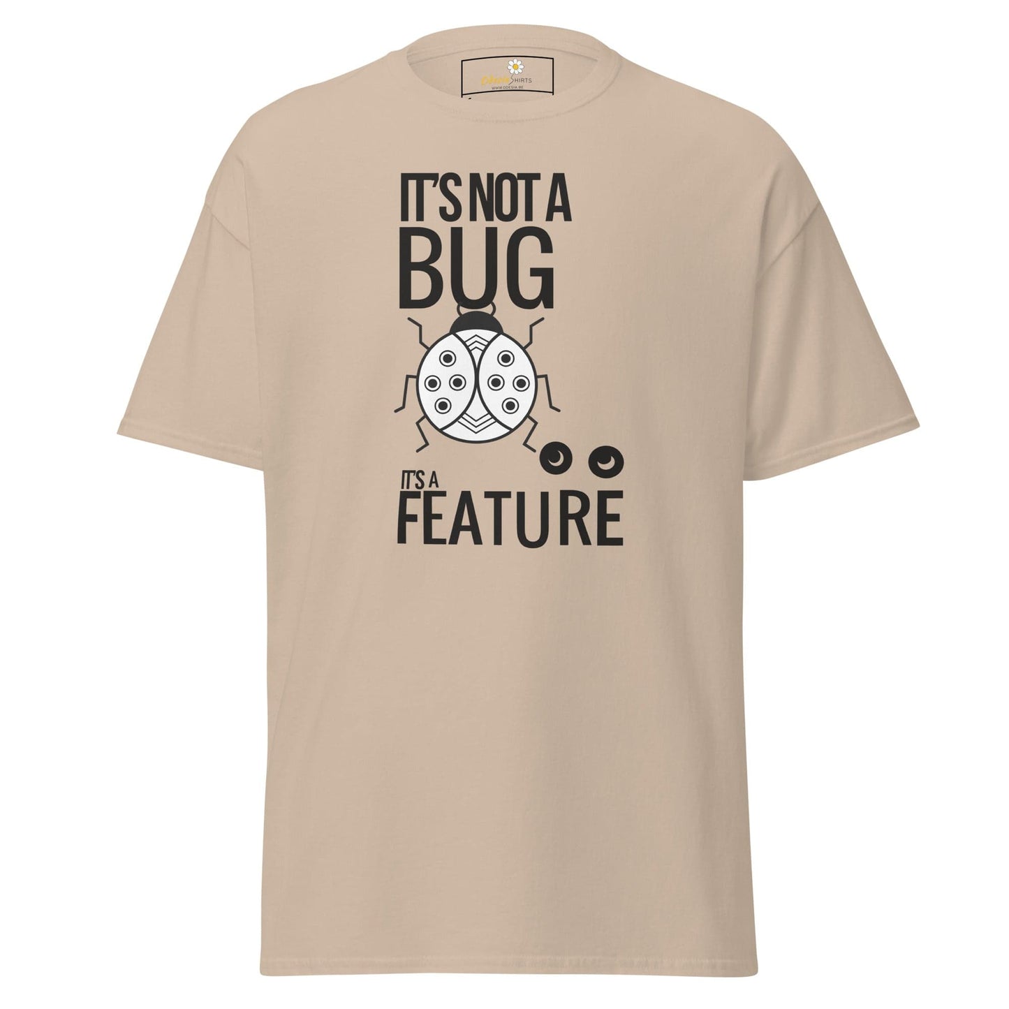Beige T-shirt with bug graphic for men and women, available in sizes S to XL