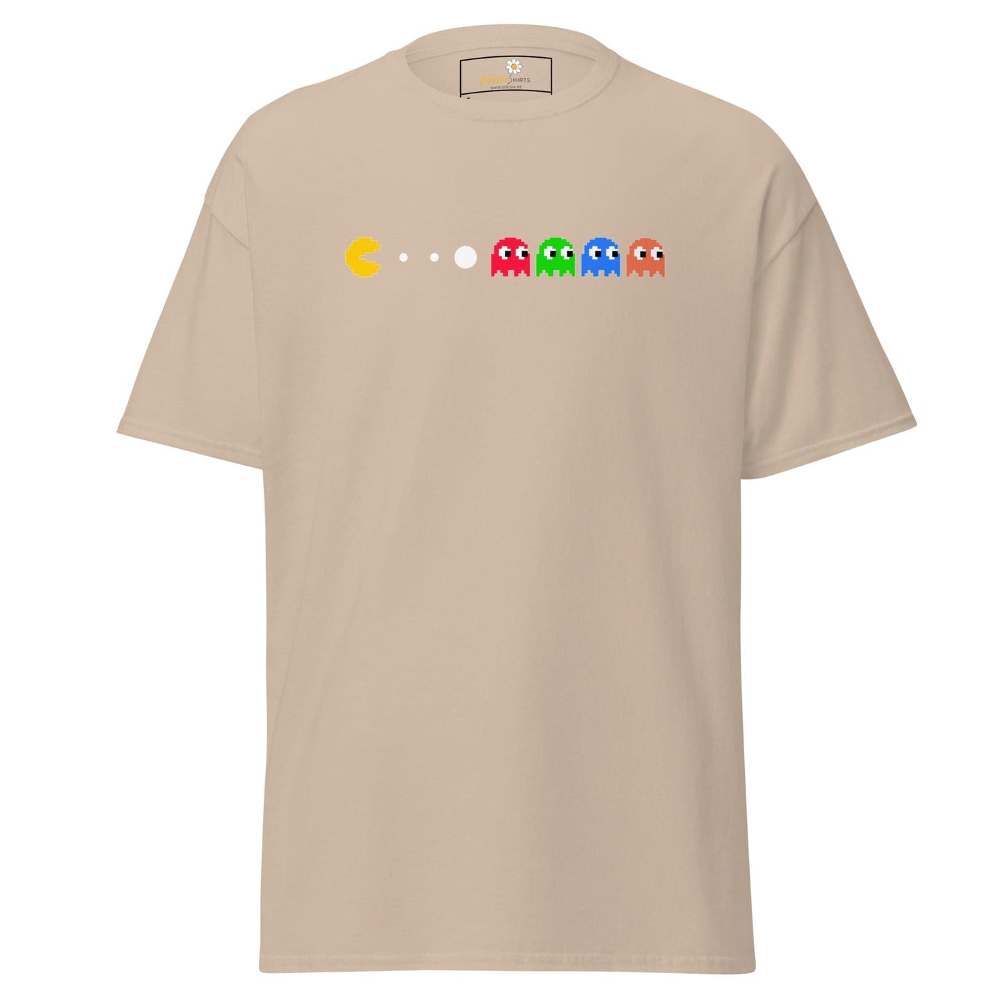 Beige T-shirt featuring a Pac-Man design for Men and Women from S to XL size