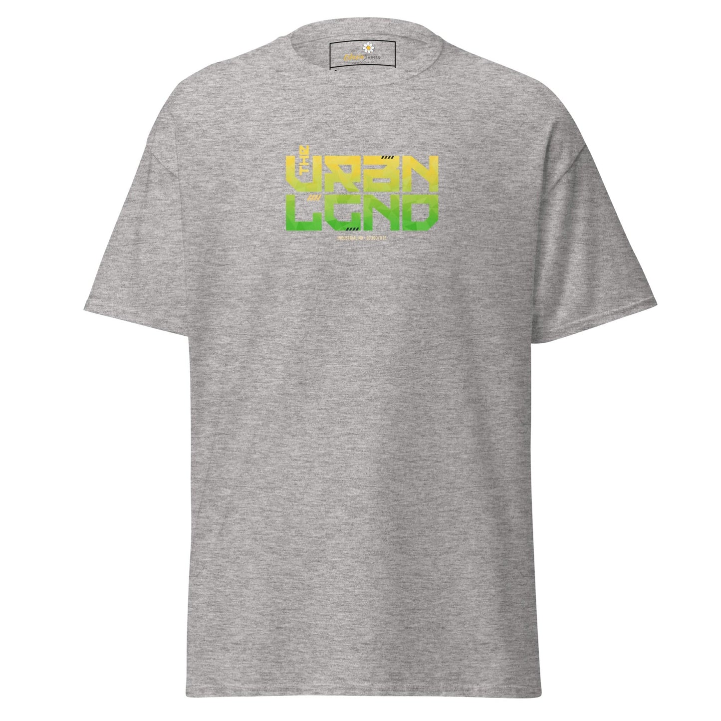 Gray T-shirt with green and yellow text from T-SHIRT DESIGN TEE for men and women
