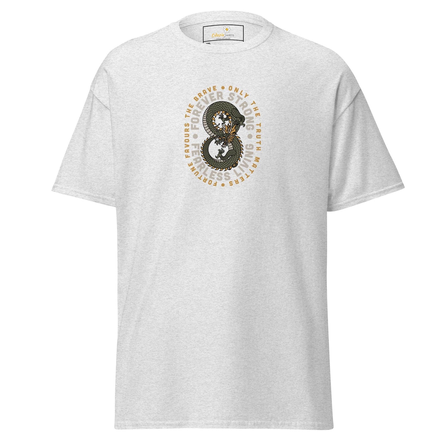 White graphic t-shirt.
