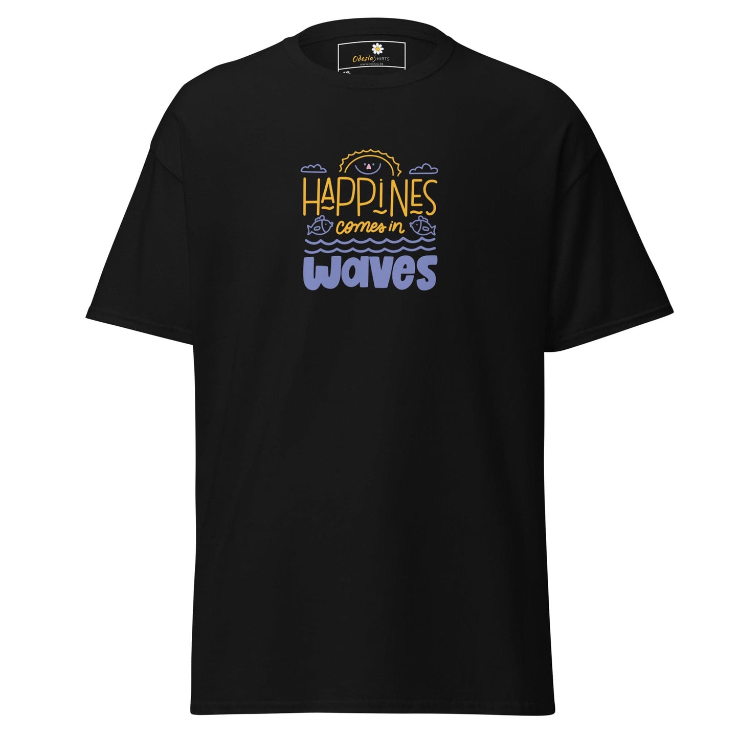 Black T-shirt with Happiness Comes in Waves design for Men and Women in 2XL to 5XL