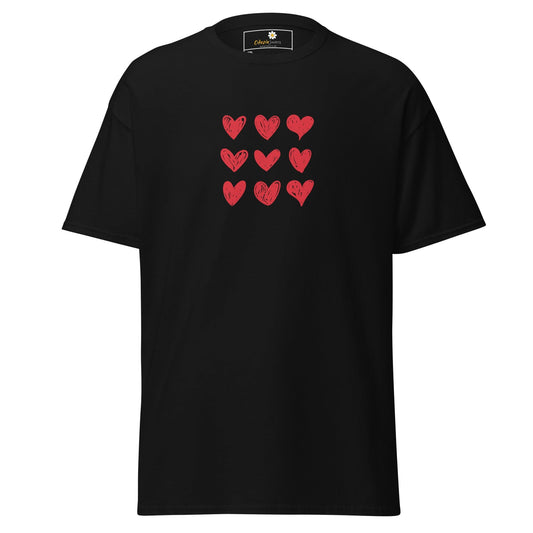 Black t-shirt with red heart pattern.