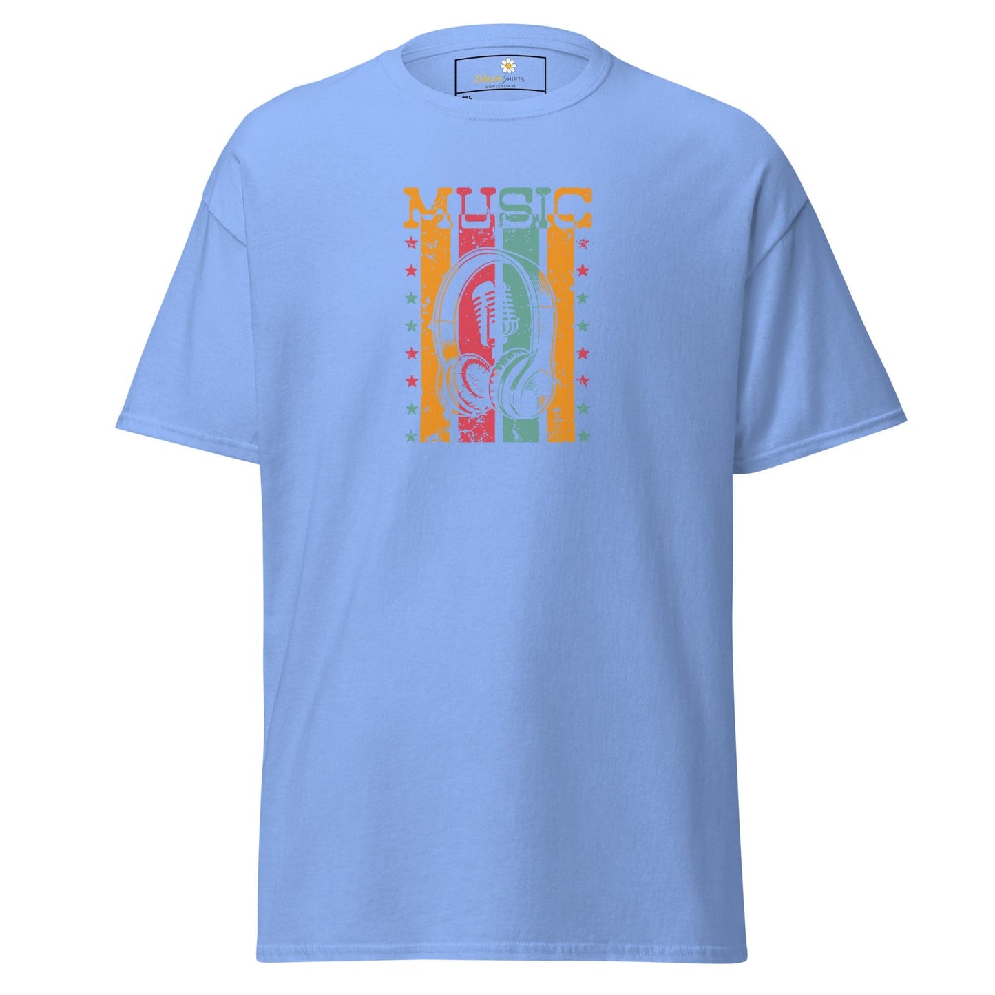 Light blue T-shirt with music graphic for men and women, available in 2XL to 5XL sizes