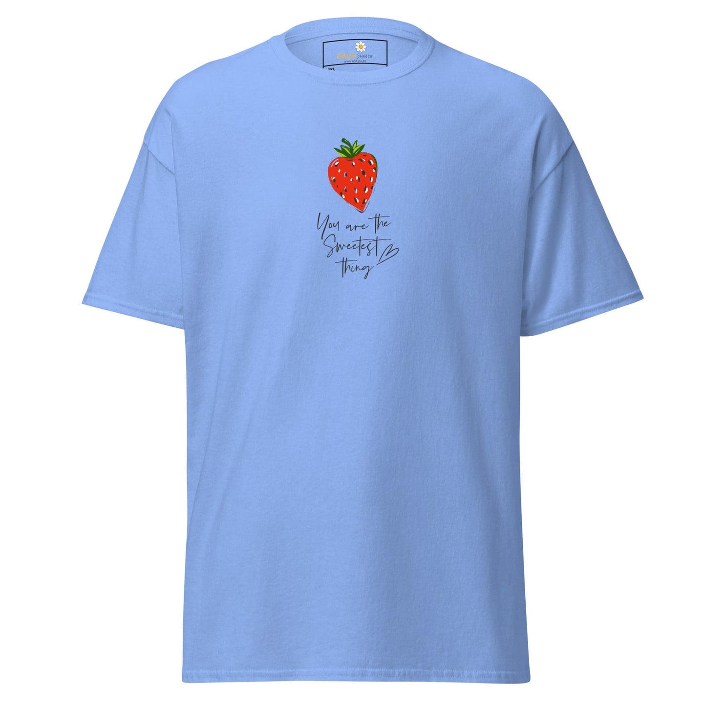 Light blue t-shirt with strawberry design.