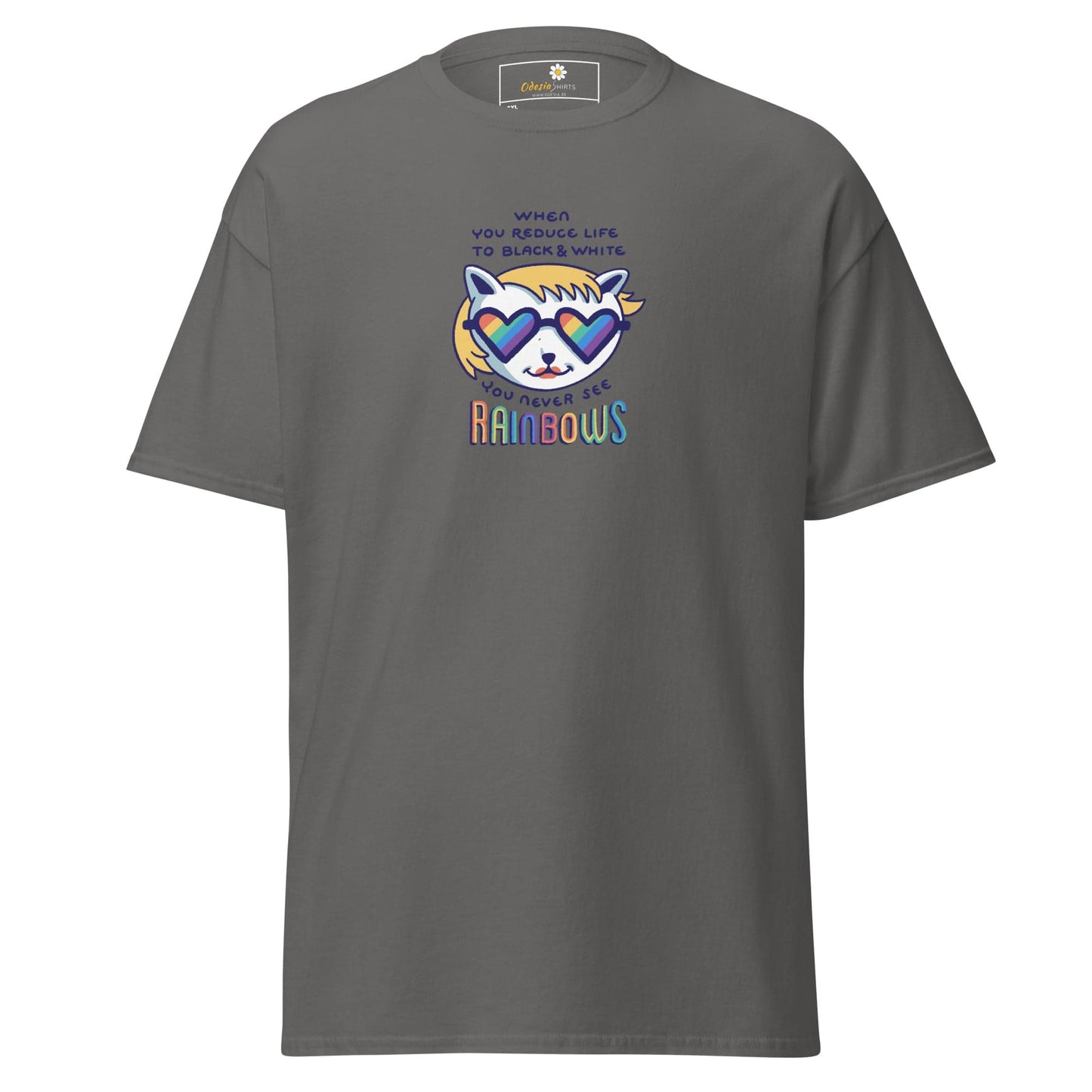 Gray T-shirt with cartoon cat graphic, available in men’s and women’s sizes 2XL to 5XL