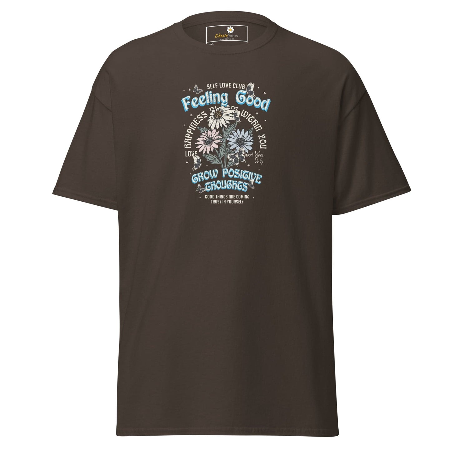 Brown t-shirt with floral graphic.