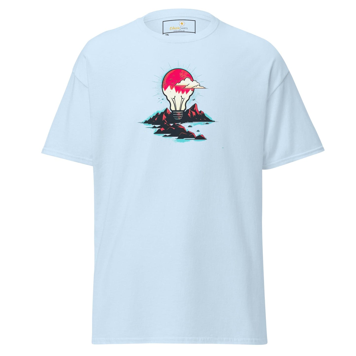Light blue T-shirt with lightbulb graphic for men and women in 2XL to 5XL sizes